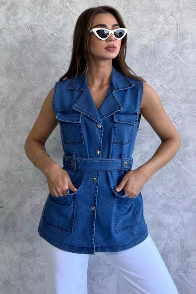 Lacivert Cepli Bel Kemerli Kadın Likralı Jean Kot Yelek - 2