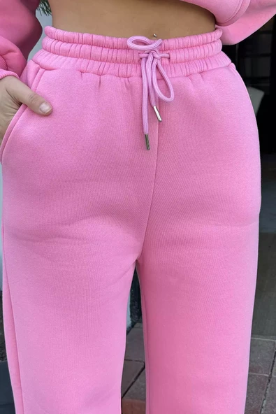 Pembe Kadın Bel Bağcıklı Üç İplik Şardonlu Bol Paça Palazzo Alt Eşofman - 3
