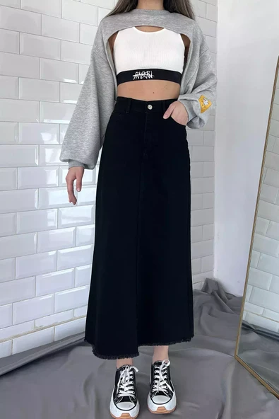 Siyah Püsküllü Jean Kot Etek - 3
