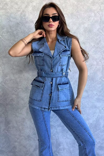 Mavi Cepli Bel Kemerli Kadın Likralı Jean Kot Yelek - 1