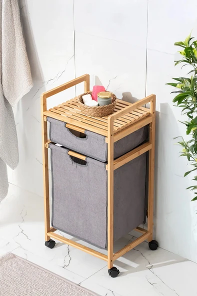Porsima Tekerlekli Ahşap Bambu Kirli Sepetli 2 Raflı  Banyo Org Banyo Dolabı Kirli Çamaşır Sepeti - 2
