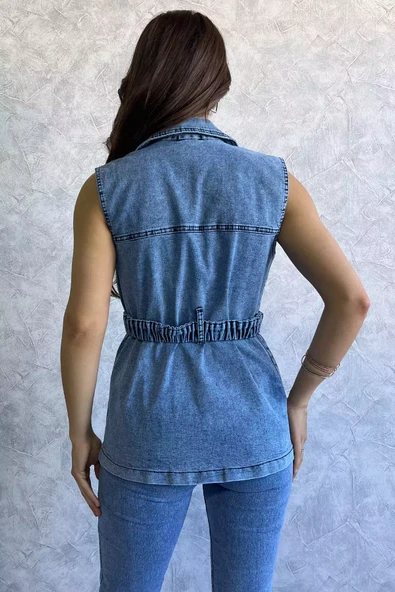 Mavi Cepli Bel Kemerli Kadın Likralı Jean Kot Yelek - 4