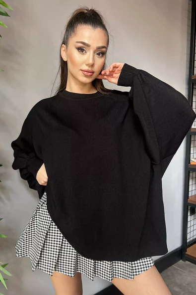 Siyah Kadın Oversize Balon Kol Triko Kazak - 2