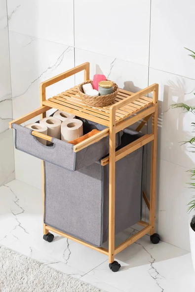 Porsima Tekerlekli Ahşap Bambu Kirli Sepetli 2 Raflı  Banyo Org Banyo Dolabı Kirli Çamaşır Sepeti