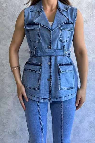 Mavi Cepli Bel Kemerli Kadın Likralı Jean Kot Yelek - 3