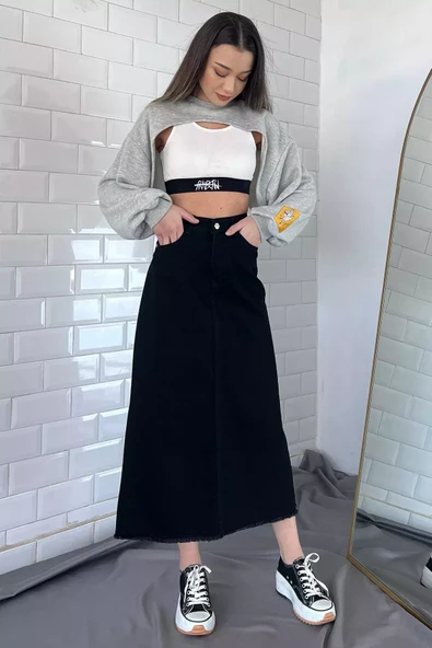 Siyah Püsküllü Jean Kot Etek - 2