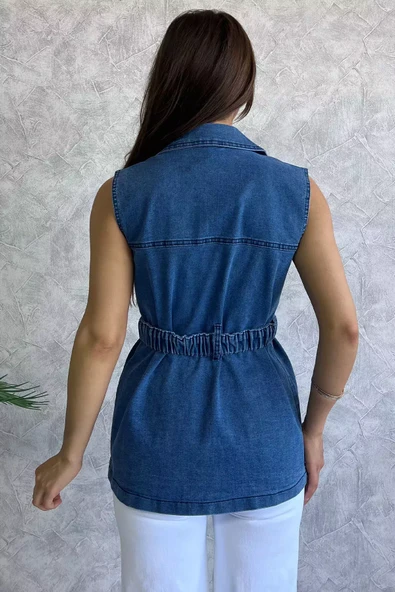 Lacivert Cepli Bel Kemerli Kadın Likralı Jean Kot Yelek - 4