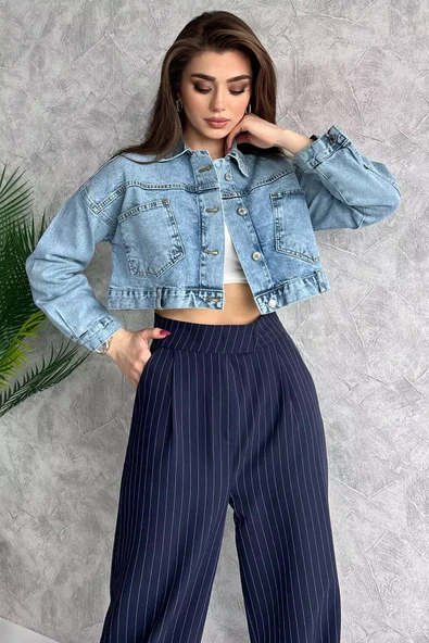 Mavi Cepli Crop Top Jean Kot Ceket - 2