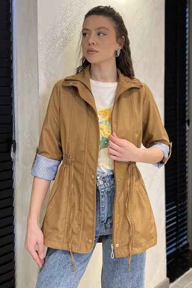 Camel Kadın Bel Bağcıklı Astarlı Trençkot - 8