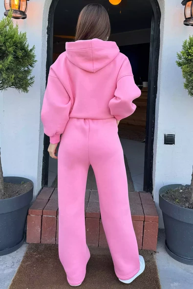 Pembe Kadın Bel Bağcıklı Üç İplik Şardonlu Bol Paça Palazzo Alt Eşofman - 4