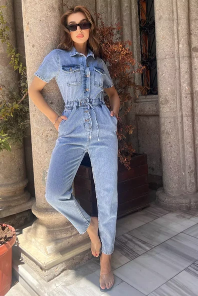 Mavi Polo Yaka Çift Cepli Kadın Jean Kot Tulum Salopet - 1