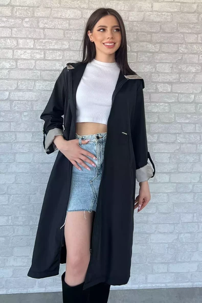 Siyahbej Kadın Kapüşonlu Bel Lastikli Uzun Trençkot - 9
