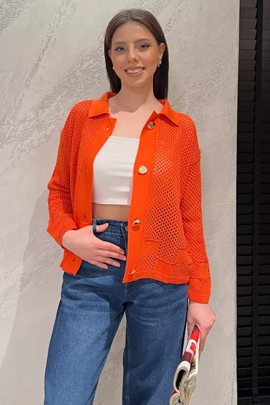 Orange Gold Düğme Detaylı Ajurlu Kadın Triko Örme Hırka - 6
