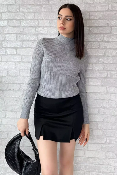 Gri Kadın Yarım Balıkçı Desenli Likralı Triko Bluz - 2