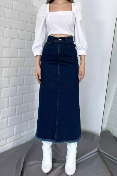 Lacivert Püsküllü Jean Kot Etek - 2