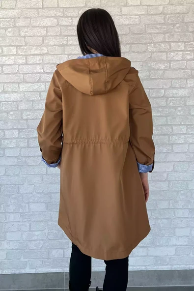 Camel Kadın Kapüşonlu Çizgi Detaylı Trençkot - 11