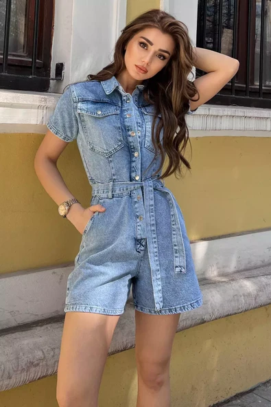 Buzmavisi Çift Cepli Çıtçıtlı Bel Kuşak Detaylı Kadın Kısa Jean Kot Tulum - 1