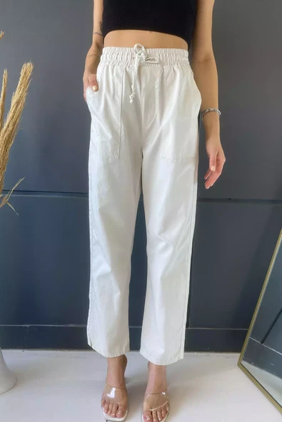 Bej Yüksek Bel Cepli Kadın Pantolon - 3