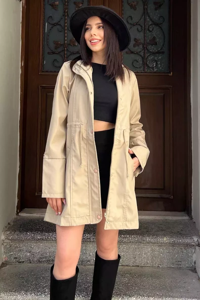 Taş Kadın Kapüşonlu Çizgi Detaylı Trençkot - 6