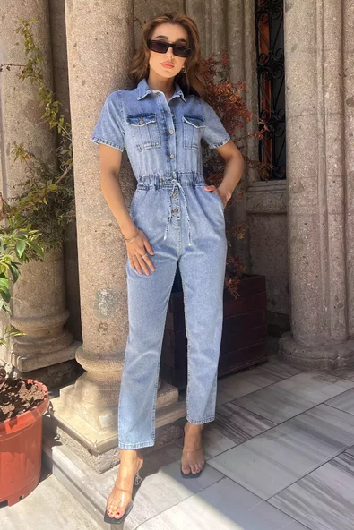 Mavi Polo Yaka Çift Cepli Kadın Jean Kot Tulum Salopet - 2