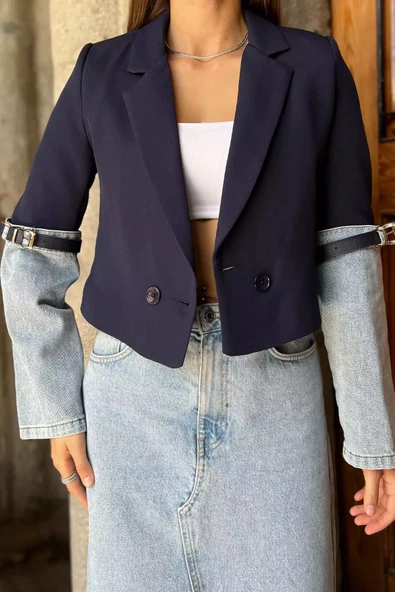 Lacivert Kot Garnili Kadın Kısa Blazer Ceket - 3