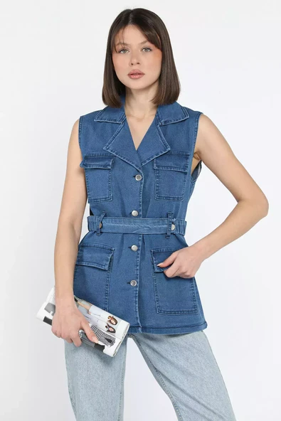 Koyumavi Cepli Bel Kemerli Kadın Likralı Jean Kot Yelek - 1