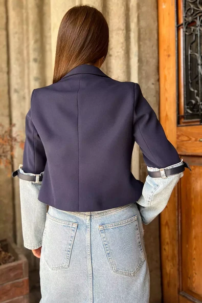 Lacivert Kot Garnili Kadın Kısa Blazer Ceket - 4