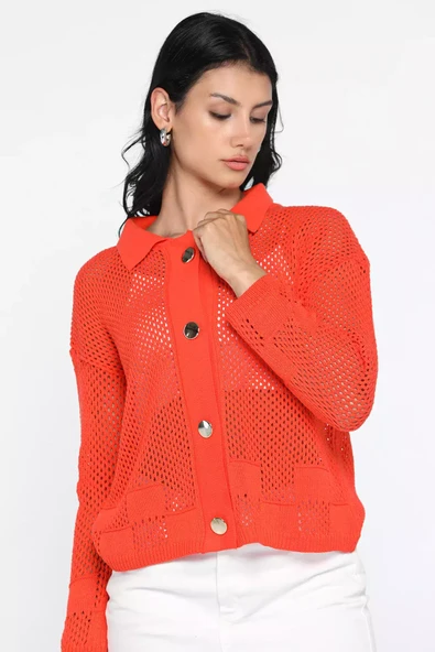 Orange Gold Düğme Detaylı Ajurlu Kadın Triko Örme Hırka - 3