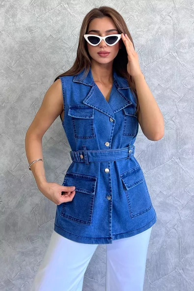 Lacivert Cepli Bel Kemerli Kadın Likralı Jean Kot Yelek - 1