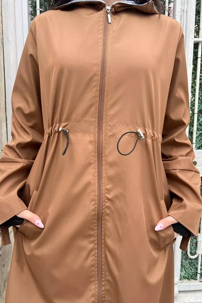 Camel Kadın Kapüşonlu Bel Lastikli Uzun Trençkot - 7