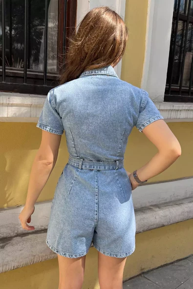 Buzmavisi Çift Cepli Çıtçıtlı Bel Kuşak Detaylı Kadın Kısa Jean Kot Tulum - 5