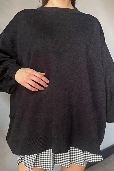 Siyah Kadın Oversize Balon Kol Triko Kazak - 4