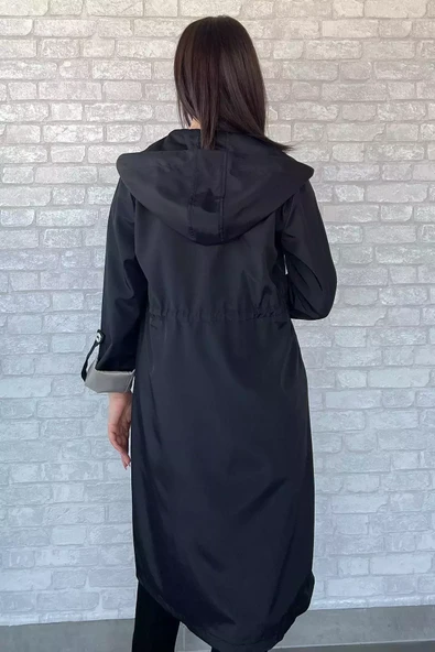 Siyahbej Kadın Kapüşonlu Bel Lastikli Uzun Trençkot - 12