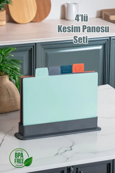 Porsima 1163 Asıa 4'lü Standlı Çoklu Kesme Doğrama Tahtası Seti - Standlı Kesim Tahtası Panosu ürün görseli 1