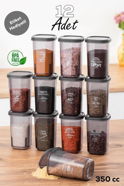 Porsima12'li Hava Almaz Kapaklı Sızdırmaz Kapaklı Etiketli Baharatlık - Erzak Saklama Kabı Seti ürün görseli 1