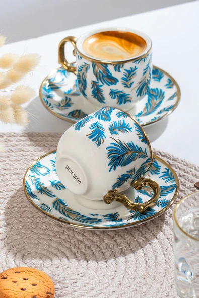 Porsima Yalın Altın Yaldızlı 6 Kişilik 12 Parça Fincan Seti Türk Kahvesi Takımı Kahve Fincanı ürün görseli 1