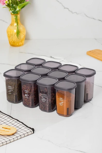 Porsima12'li Hava Almaz Kapaklı Sızdırmaz Kapaklı Etiketli Baharatlık - Erzak Saklama Kabı Seti - Resim 2