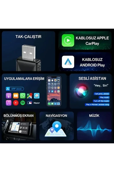 Kablosuz Carplay & Android Auto Adaptörü - Apple Ve Android Cihazlar İçin Evrensel Wireless Carplay Çevirici - 3