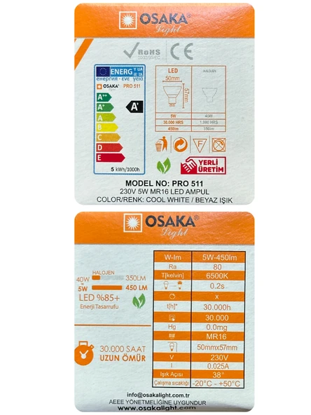 (8 Adet) Osaka 5W (40W) Beyaz Işık (6500K) G4 Duylu (İğne Bacak) Led Çanak Ampul - Resim 4