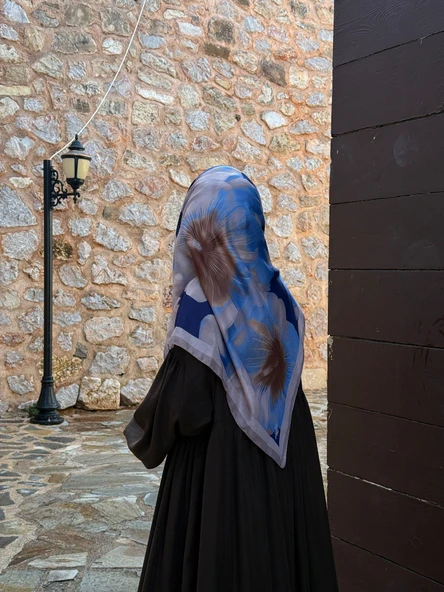 Pamuklu Flora Desen Eşarp-İndigo - 2