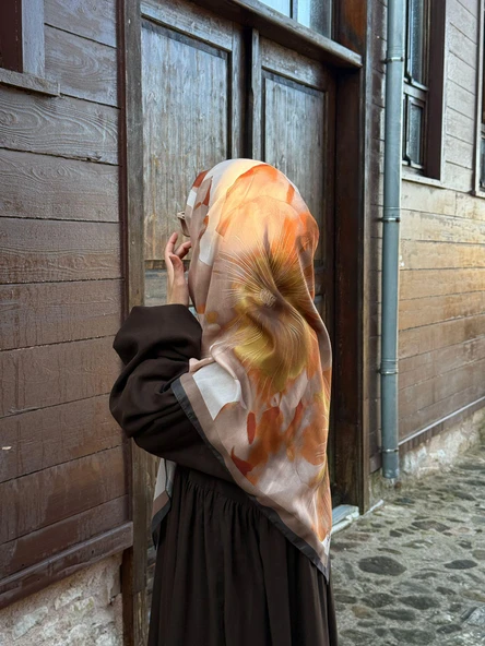 Pamuklu Flora Desen Eşarp-Vizon