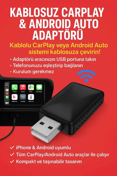 Kablosuz Carplay & Android Auto Adaptörü - Apple Ve Android Cihazlar İçin Evrensel Wireless Carplay Çevirici - 2