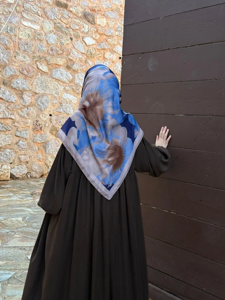 Pamuklu Flora Desen Eşarp-İndigo