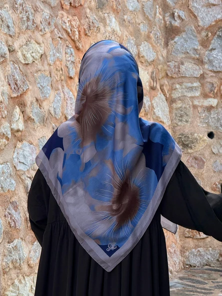 Pamuklu Flora Desen Eşarp-İndigo - 3