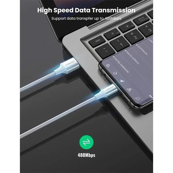 UGREEN TYPE-C TO USB-A 3A QC ÖRGÜLÜ HIZLI ŞARJ KABLOSU 1 MT GÜMÜŞ BEYAZI 60131 - 2