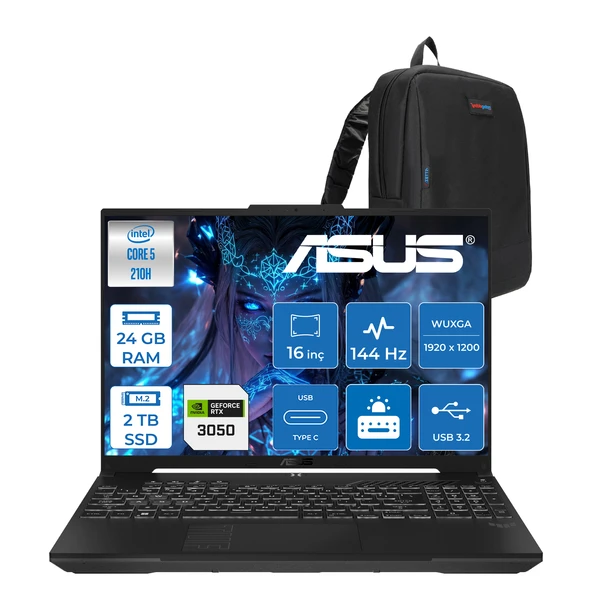 Asus Tuf Gaming F16 FX607VJ Intel Core 5-210H 24GB 2tb SSD RTX3050 6gb 16 Inç Wuxga 144Hz IPS Freedos Gaming Notebook RL033F14 + Zetta Çanta ürün görseli 1