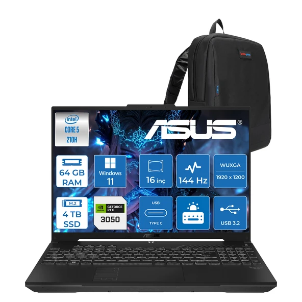 Asus Tuf Gaming F16 FX607VJ Intel Core 5-210H 64GB 4tb SSD RTX3050 6gb 16 Inç Wuxga 144Hz IPS Windows 11 Pro Gaming Notebook RL033P35 + Zetta Çanta ürün görseli 1
