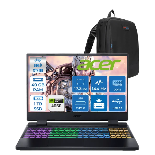 Acer Nitro 5 AN517-55- Intel  I7-12650H 40GB Ddr5 1tb SSD 8GB/RTX4060 140W IPS 17.3" 144Hz Full Hd Freedos Gaming Laptop NHQLFEY004F13+ZETTAÇANTA ürün görseli 1