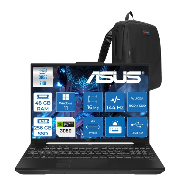 Asus Tuf Gaming F16 FX607VJ Intel Core 5-210H 48GB 256GB SSD RTX3050 6gb 16 Inç Wuxga 144Hz IPS Windows 11 Pro Gaming Notebook RL033P26 + Zetta Çanta ürün görseli 1