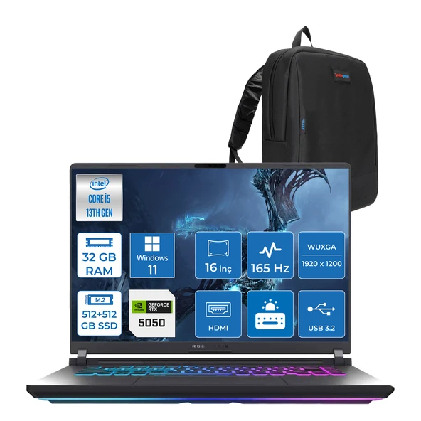 Asus Rog Strix G16 G615JH-RV053 Intel Core I5-13450HX 32GB 512GB SSD+512GB 8GB/RTX5050 Gddr7 115W 16" Wuxga 165Hz 3ms IPS WINDOWS11HOME Gaming Laptop WRX053H10+ZETTAÇANTA ürün görseli